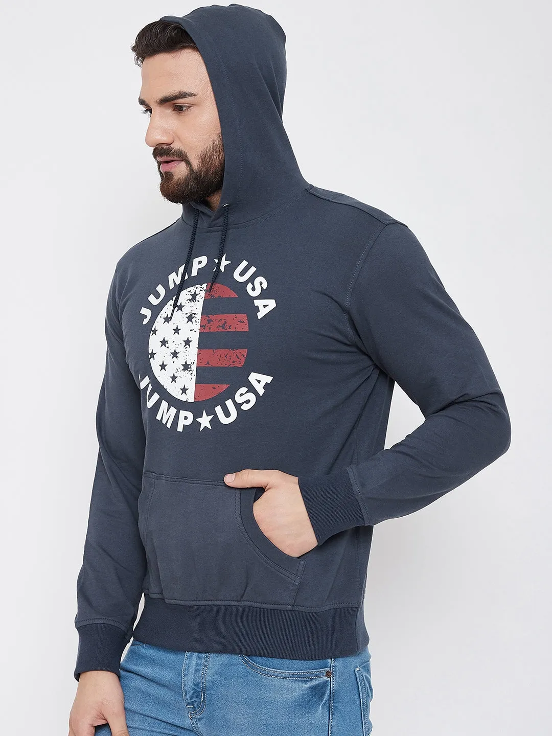 JUMP USA Men Navy Blue Self Design Hooded Sweatshirt