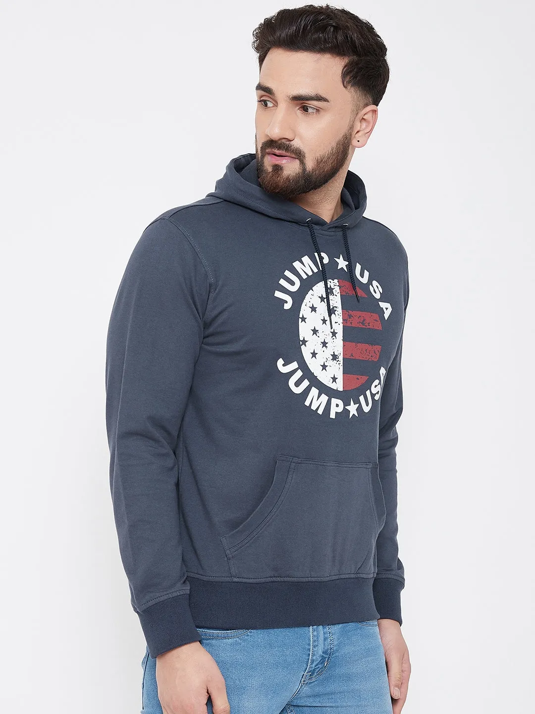 JUMP USA Men Navy Blue Self Design Hooded Sweatshirt