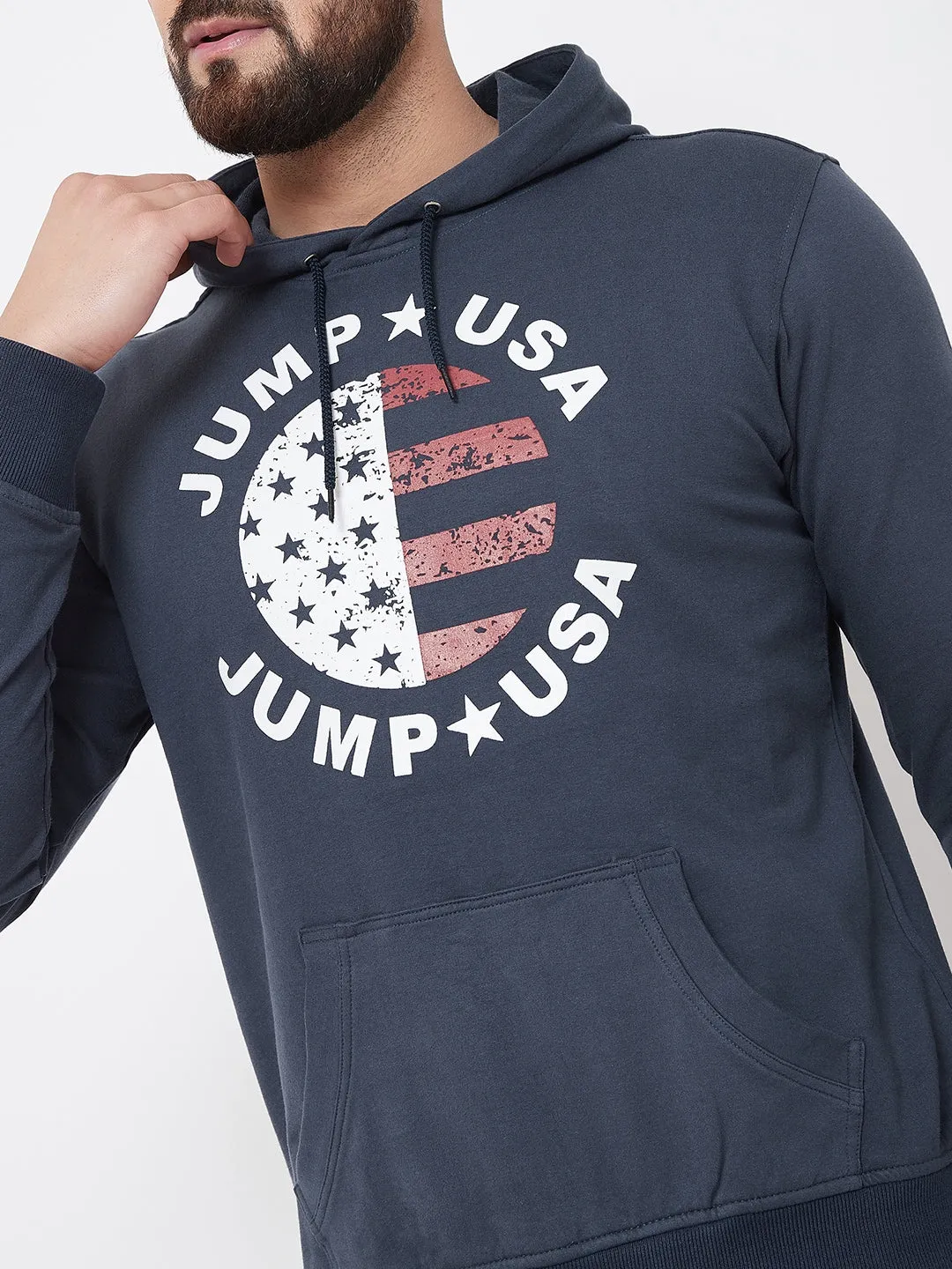 JUMP USA Men Navy Blue Self Design Hooded Sweatshirt