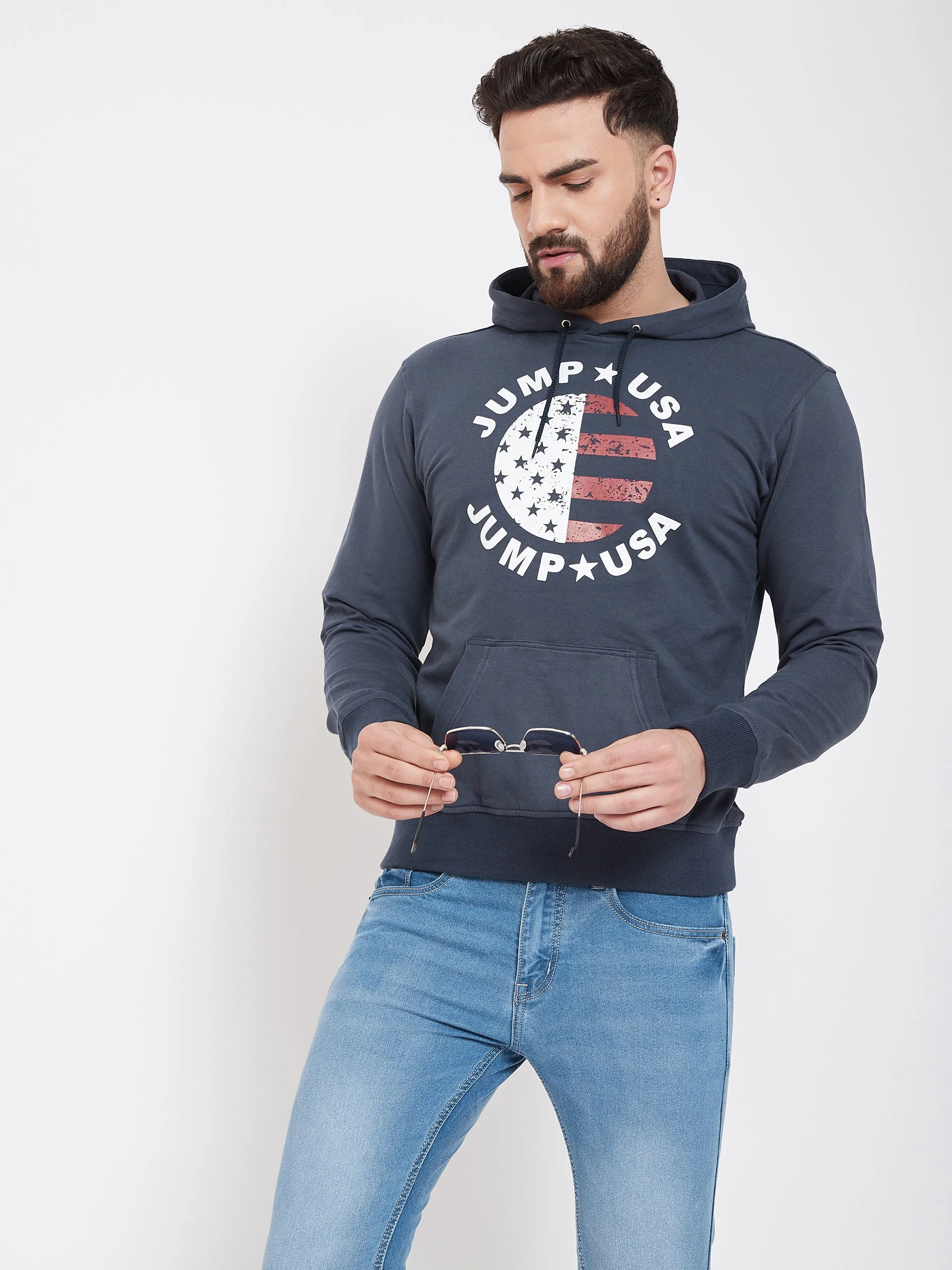 JUMP USA Men Navy Blue Self Design Hooded Sweatshirt