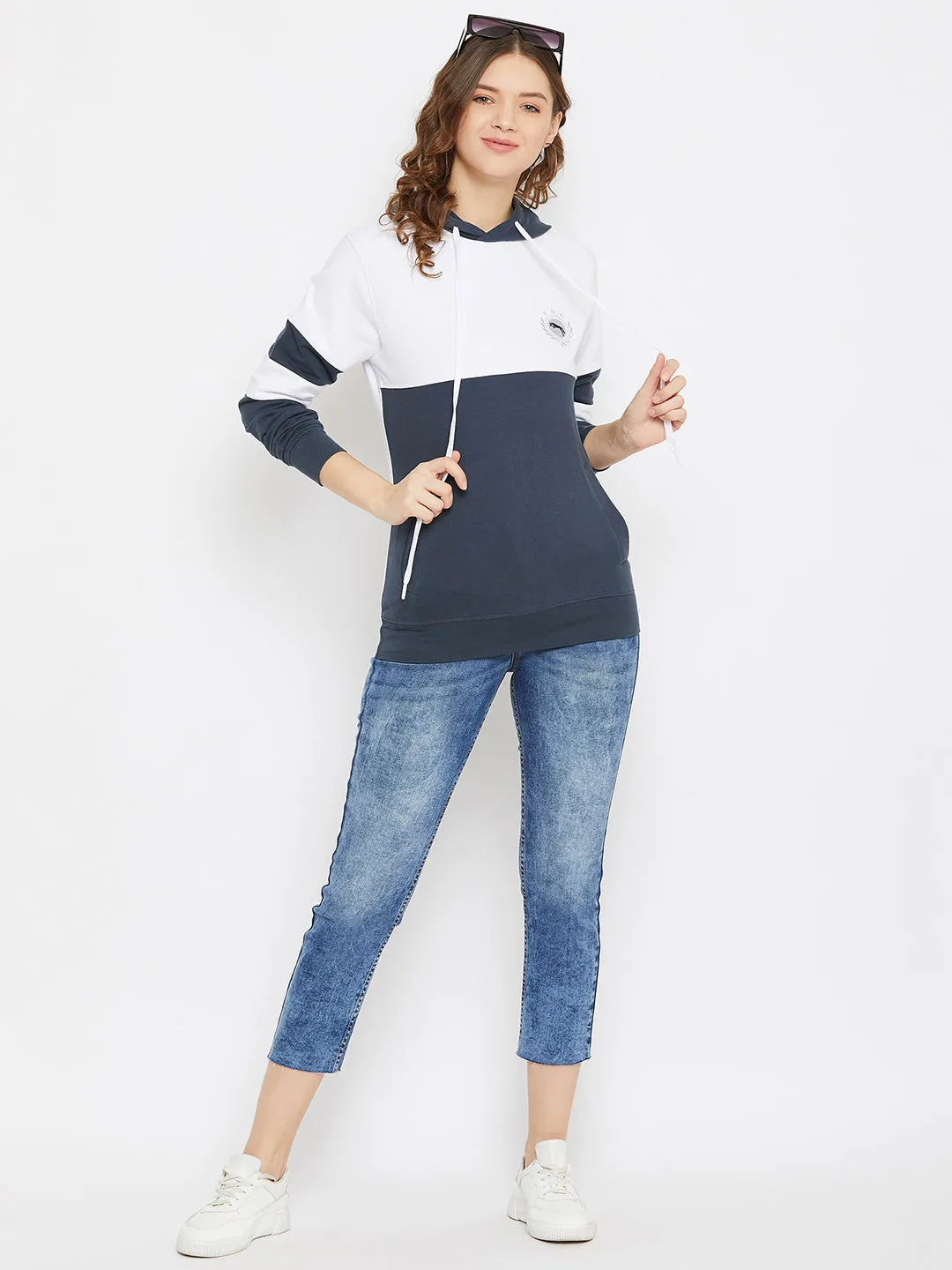 JUMP USA Women Navy Blue Cotton Hooded Sweatshirt