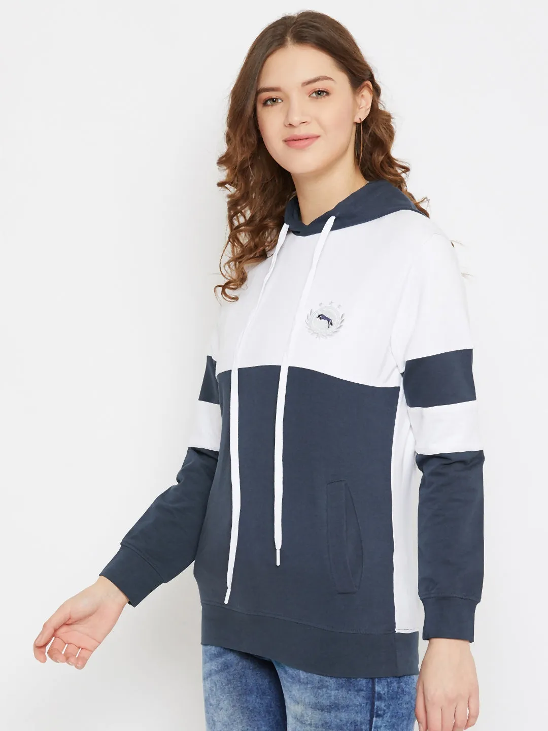 JUMP USA Women Navy Blue Cotton Hooded Sweatshirt