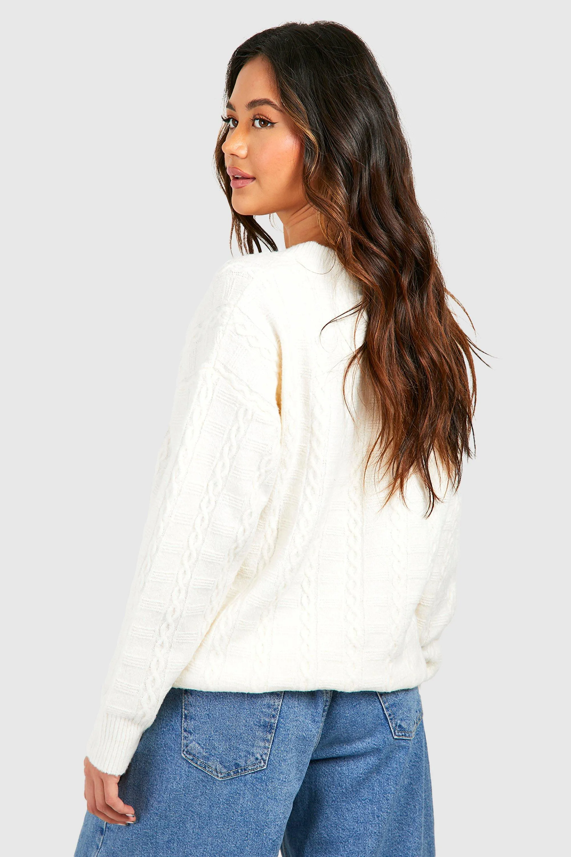 Cable Soft Knit Oversized V Neck Jumper boohoo