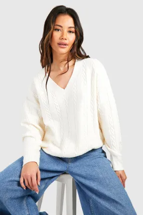 Cable Soft Knit Oversized V Neck Jumper boohoo