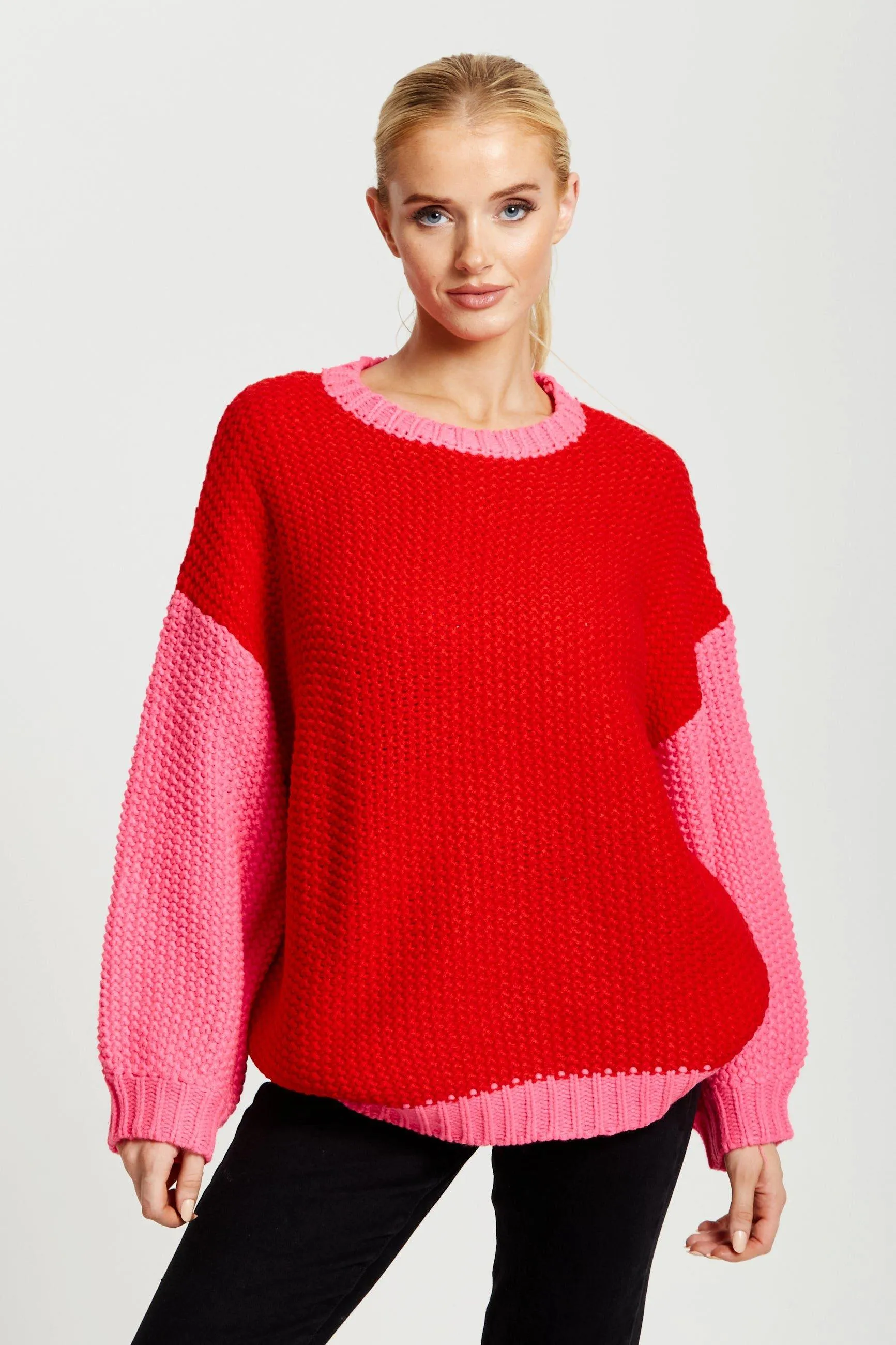 Jumpers Cardigans Contrast Sleeve Jumper In Pink And Red Liquorish