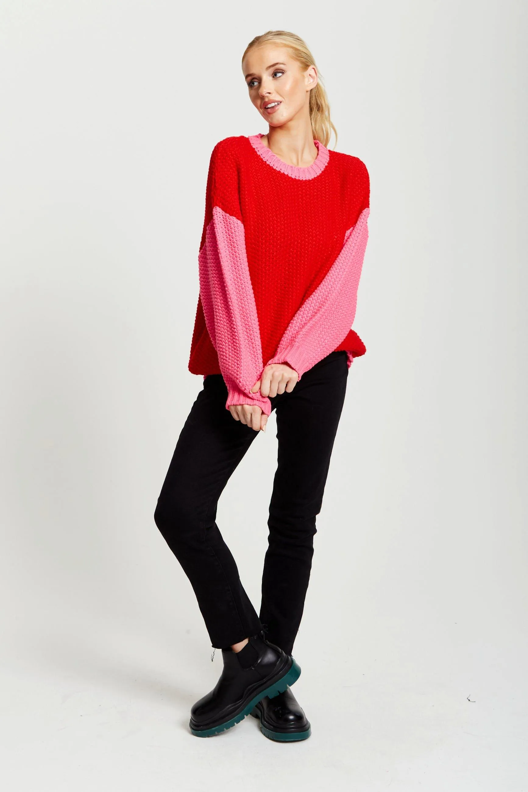 Jumpers Cardigans Contrast Sleeve Jumper In Pink And Red Liquorish