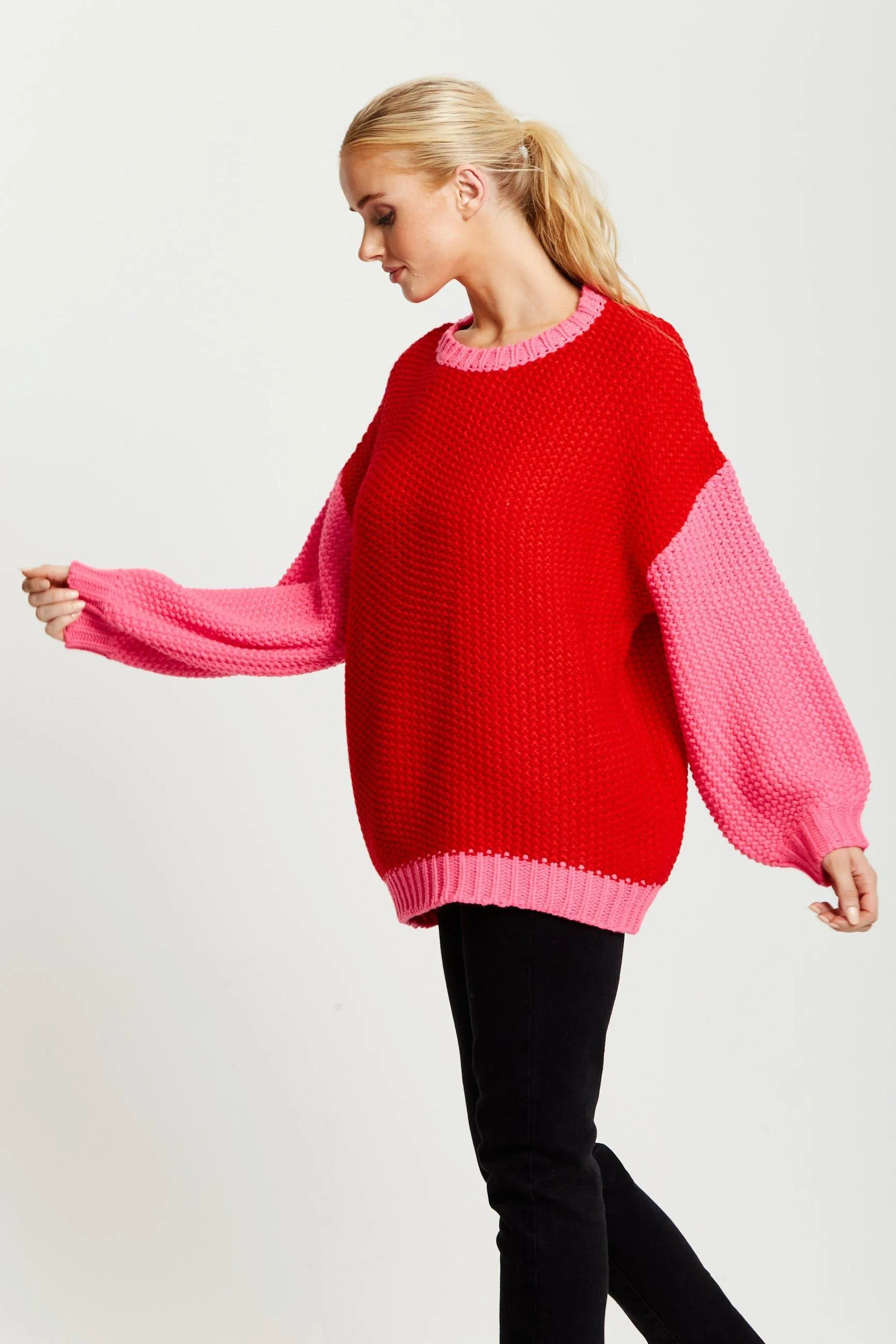 Jumpers Cardigans Contrast Sleeve Jumper In Pink And Red Liquorish