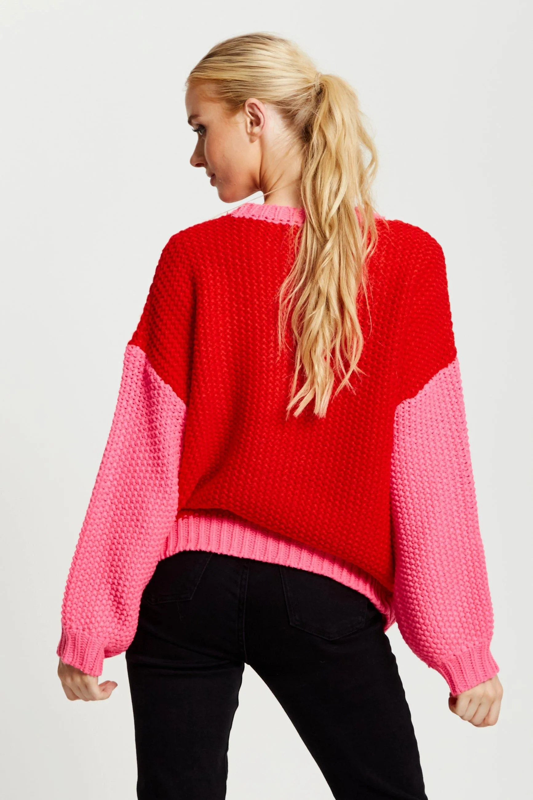 Jumpers Cardigans Contrast Sleeve Jumper In Pink And Red Liquorish