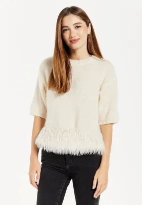 Cream Short Sleeves Jumper With Fur Hem Liquorish