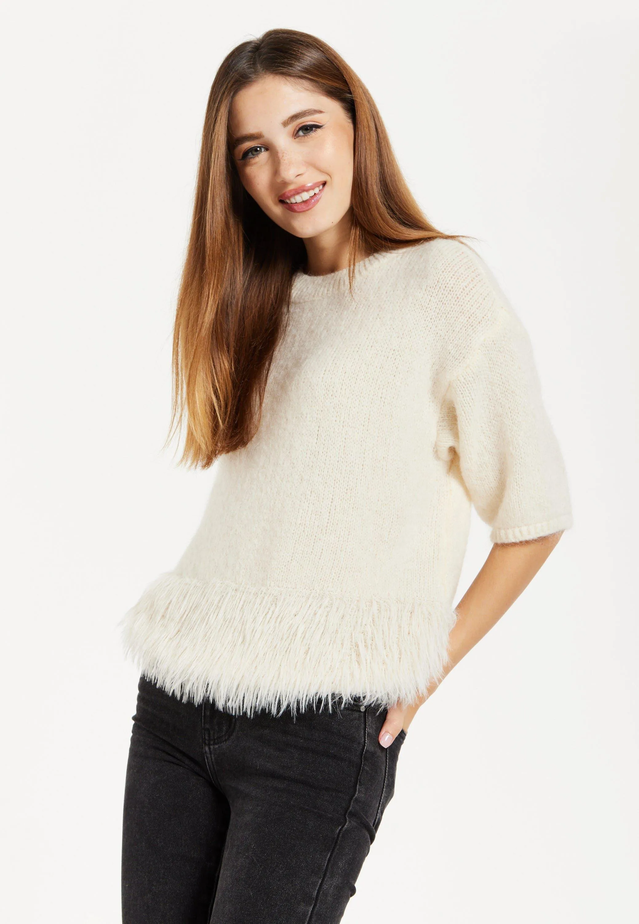 Cream Short Sleeves Jumper With Fur Hem Liquorish