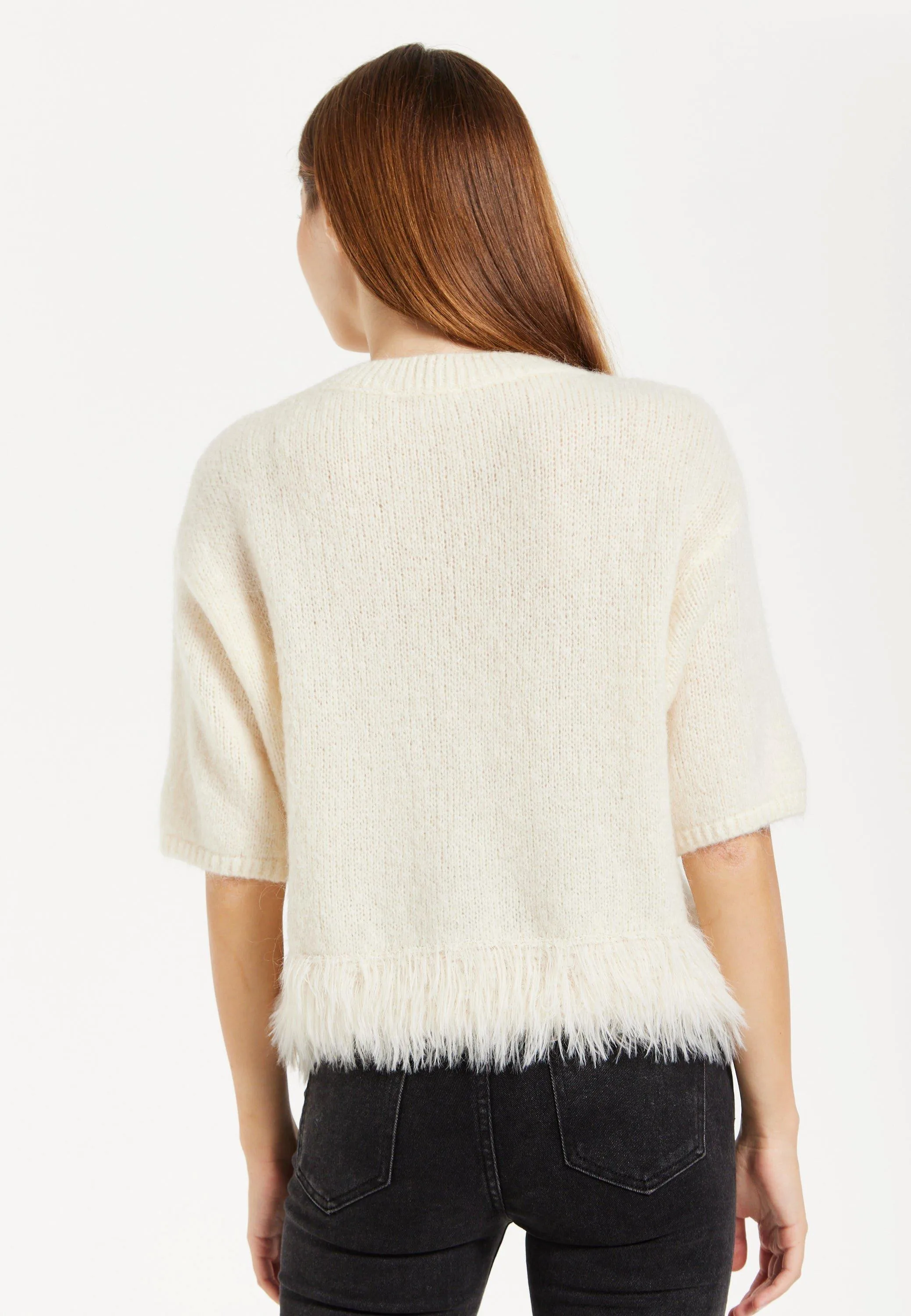 Cream Short Sleeves Jumper With Fur Hem Liquorish