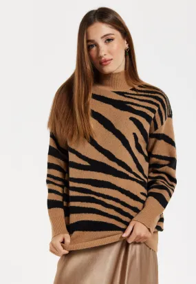 Zebra Pattern High Neck Jumper In Brown And Black Liquorish