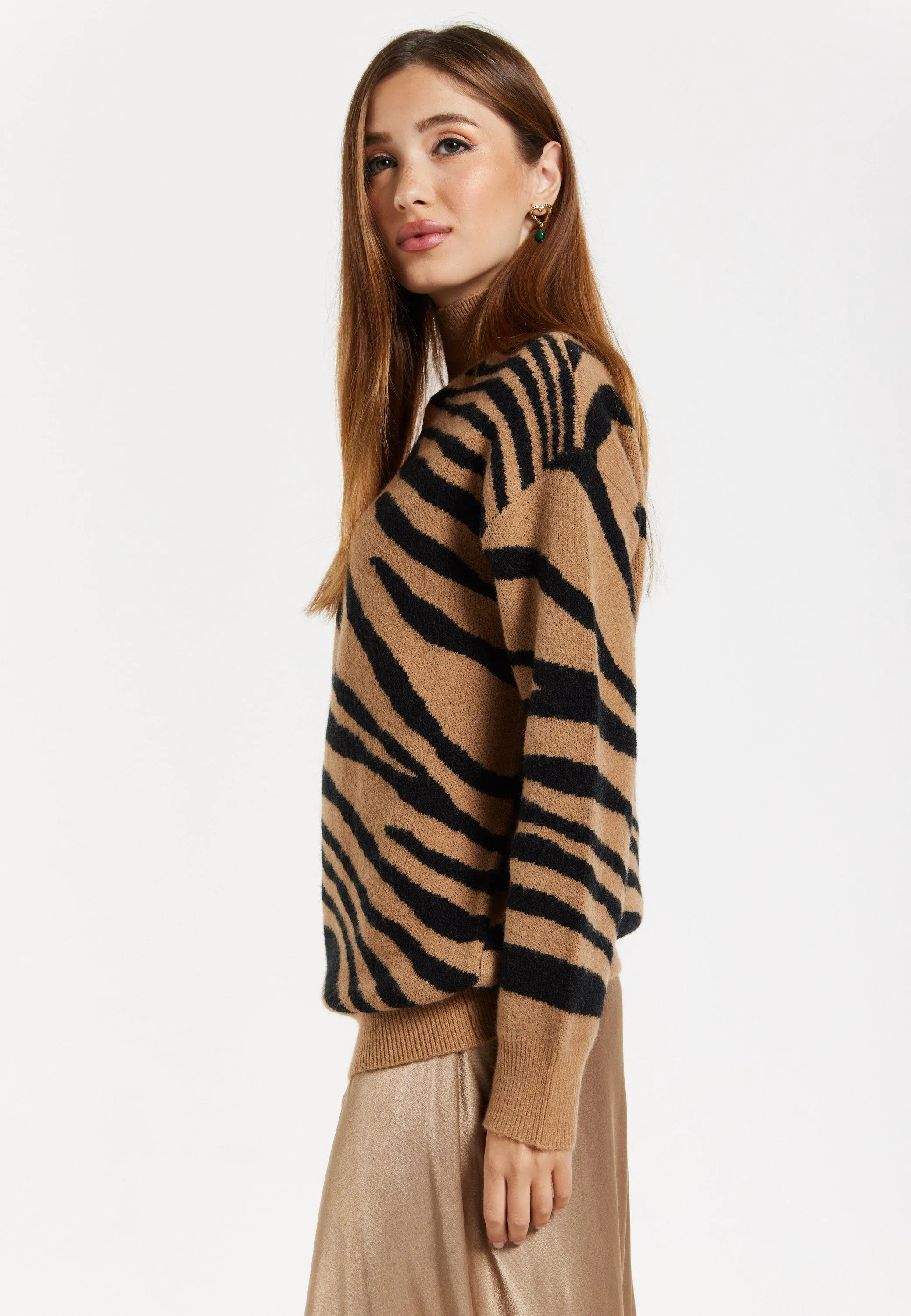 Zebra Pattern High Neck Jumper In Brown And Black Liquorish