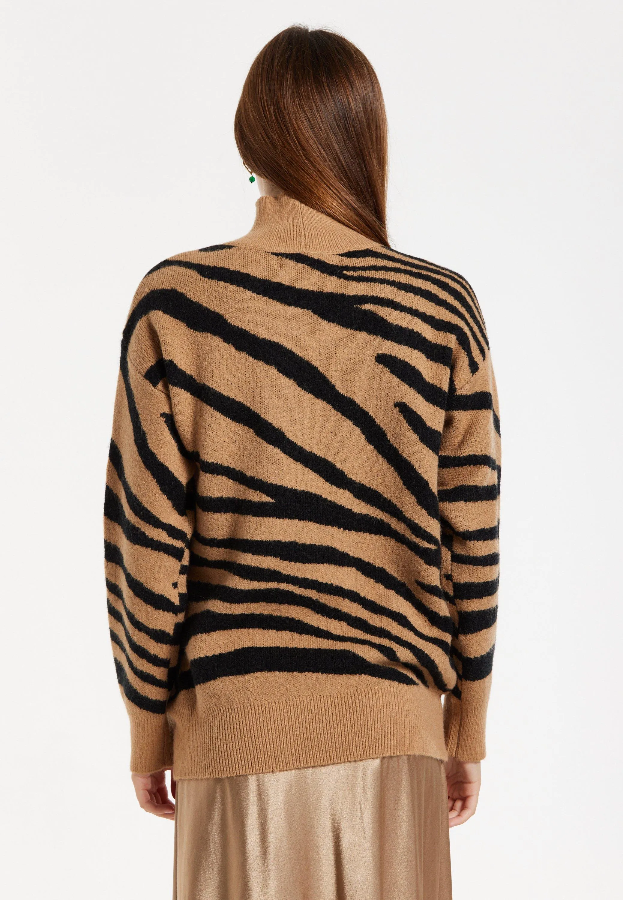 Zebra Pattern High Neck Jumper In Brown And Black Liquorish