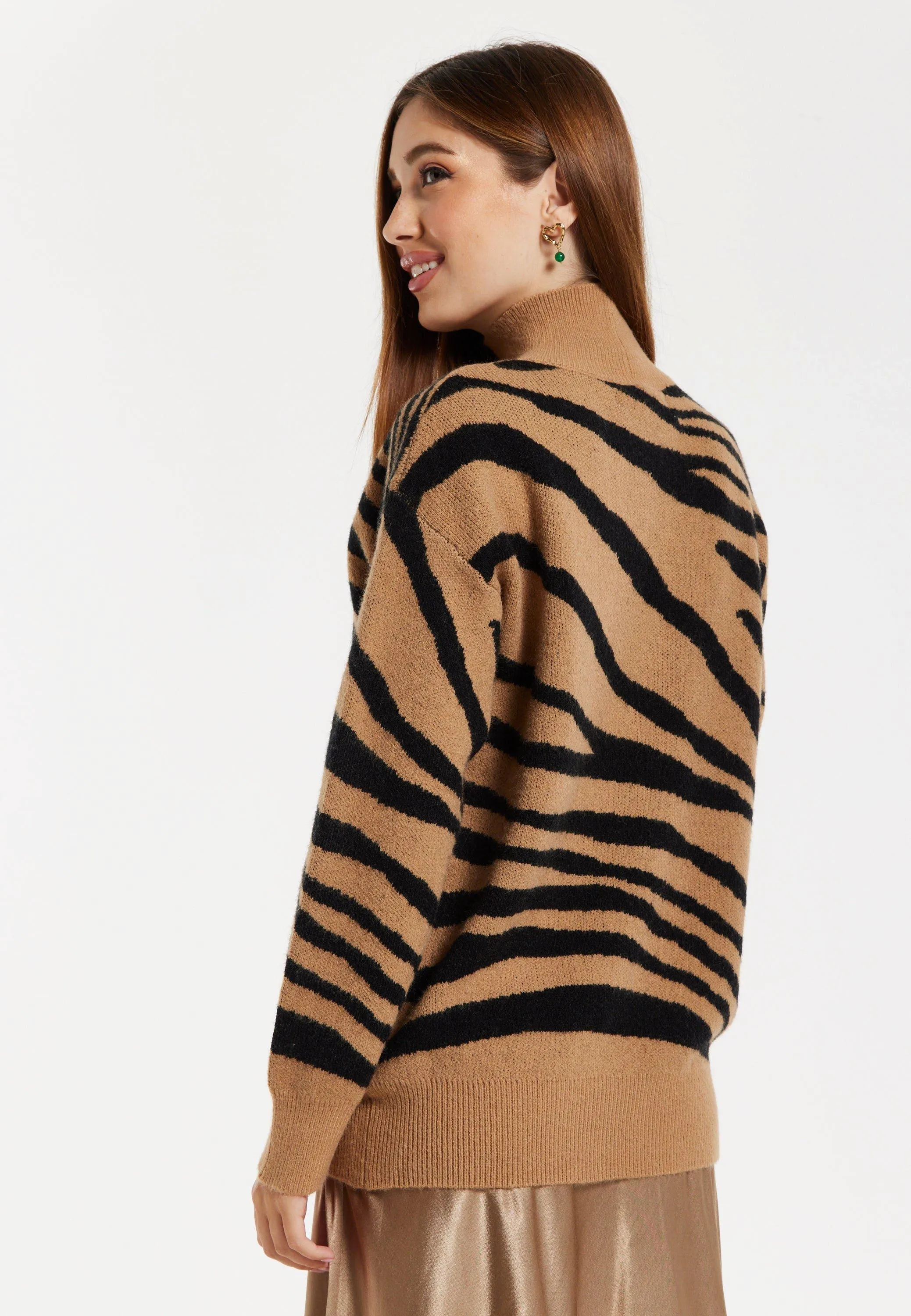 Zebra Pattern High Neck Jumper In Brown And Black Liquorish