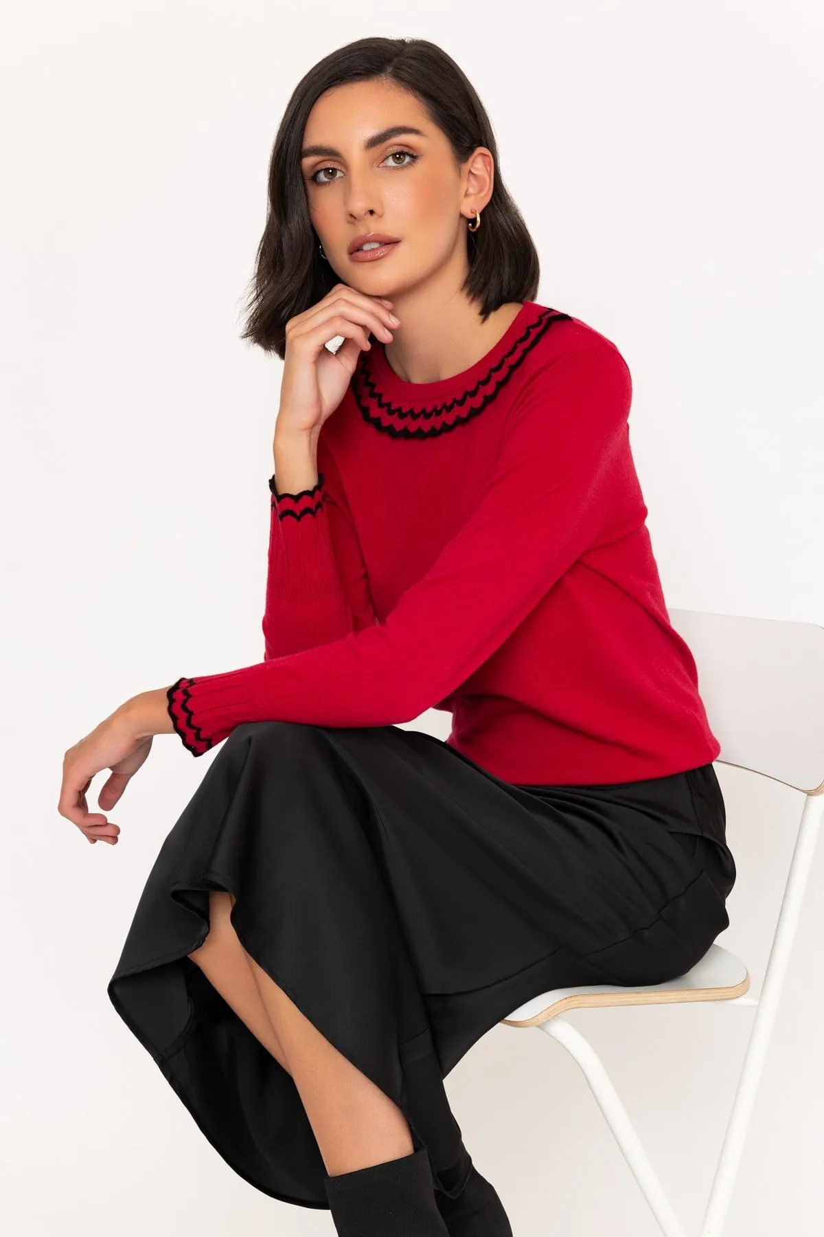 Lace Frill Knit Jumper in Red