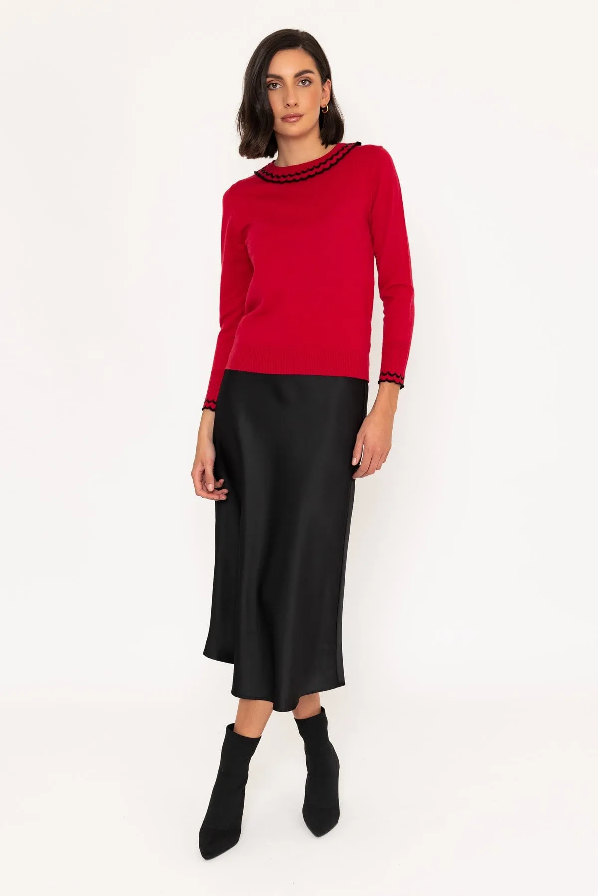 Lace Frill Knit Jumper in Red