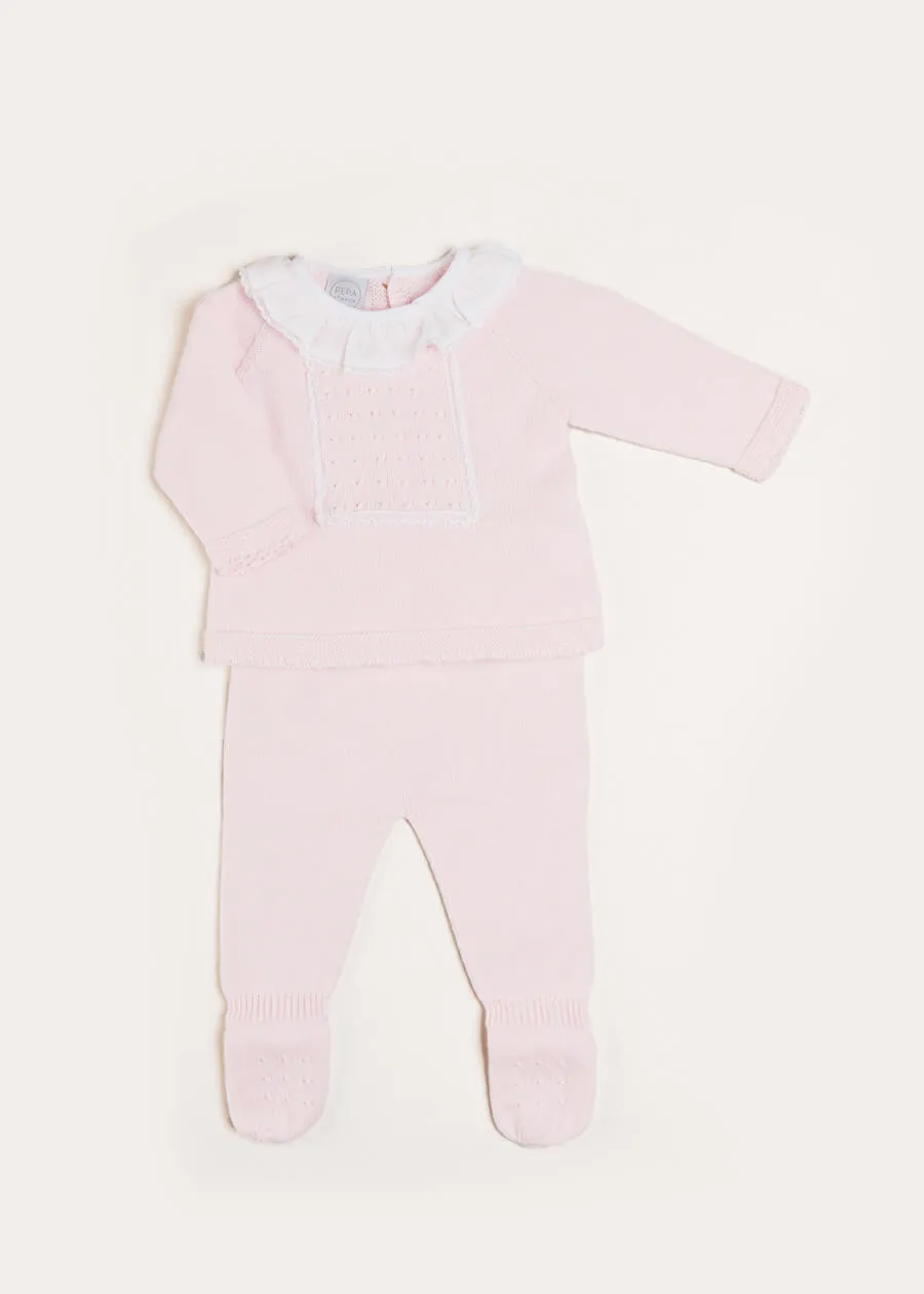 Pink Knitted Set with Lace Trim Ruffle Collar for Babies 1-6 Months