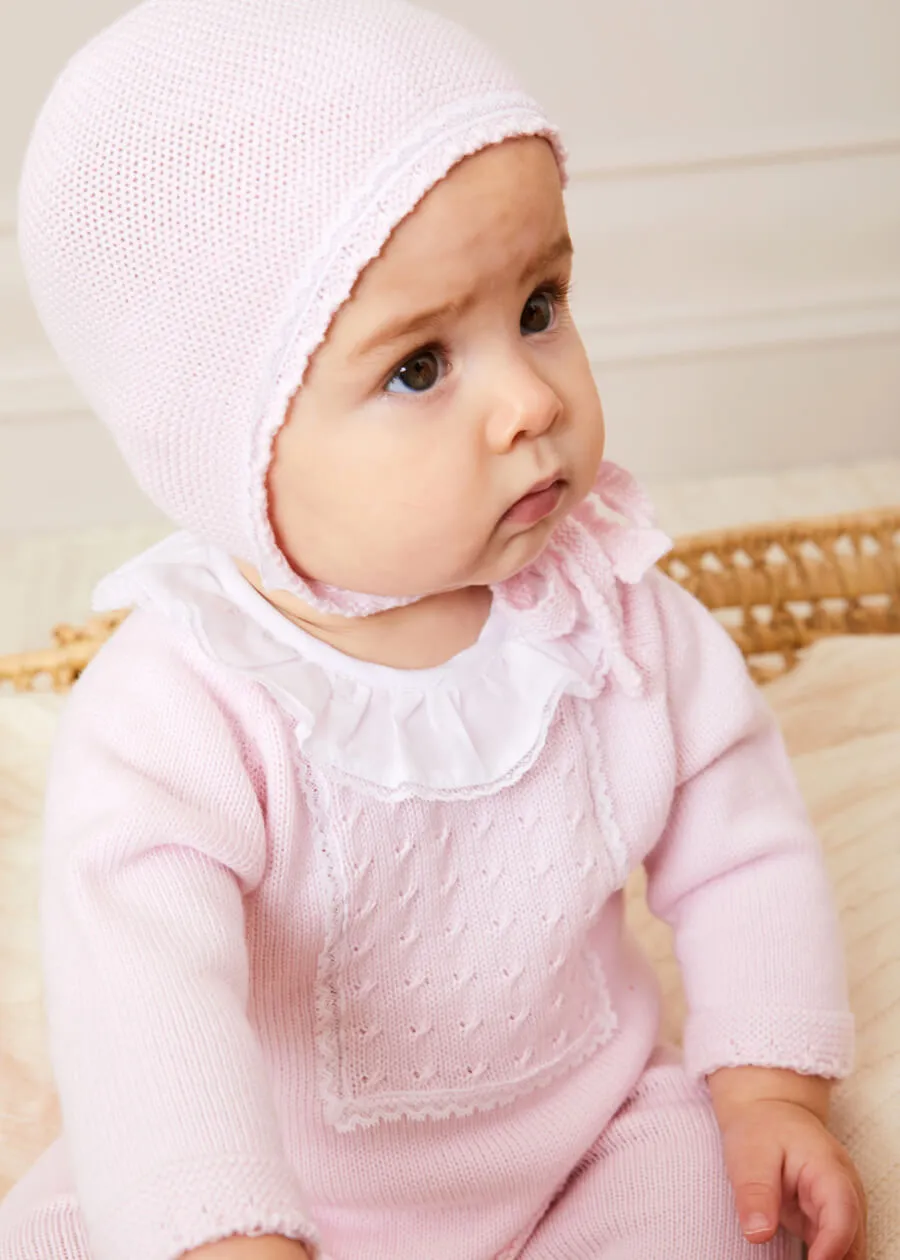 Pink Knitted Set with Lace Trim Ruffle Collar for Babies 1-6 Months