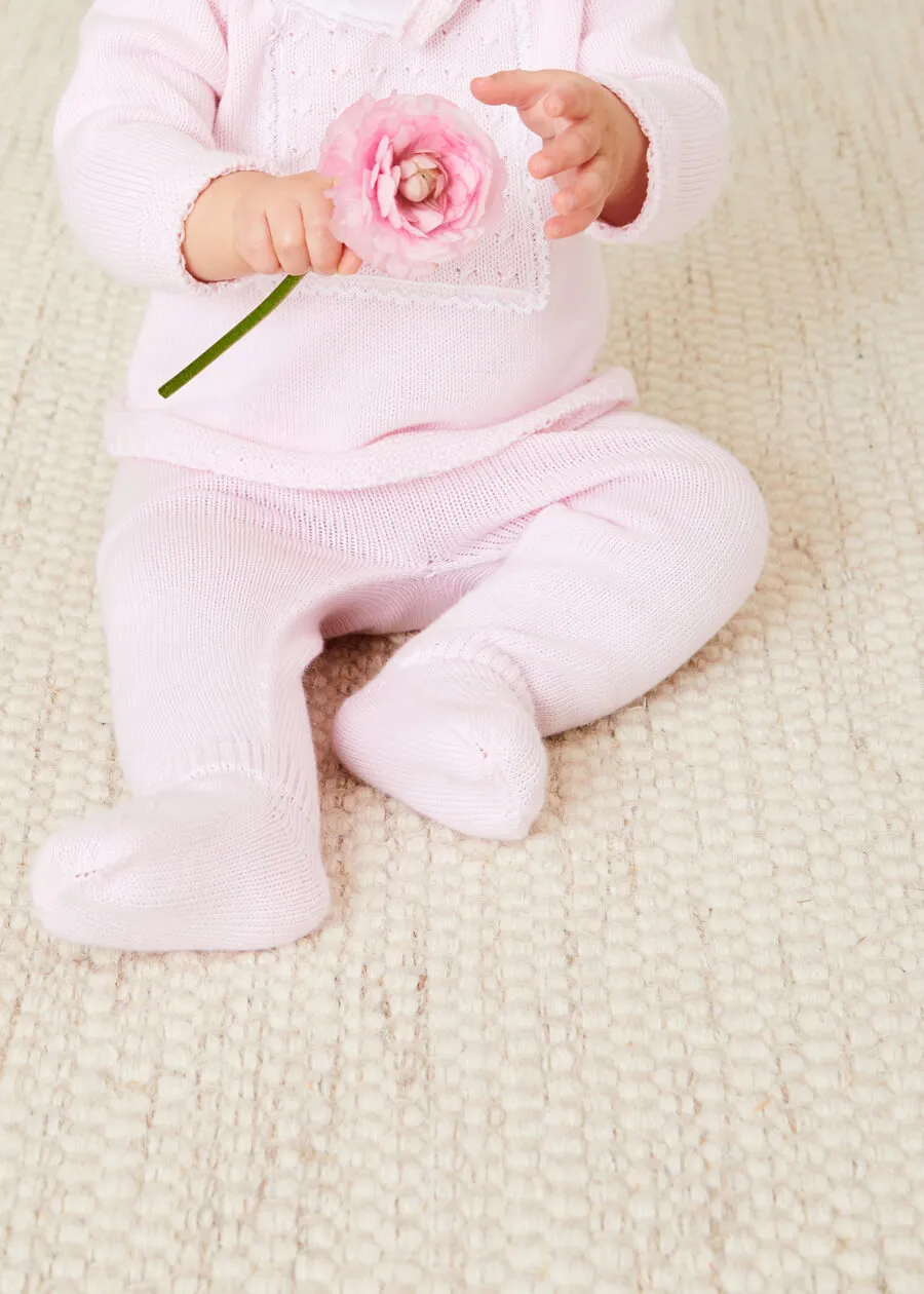 Pink Knitted Set with Lace Trim Ruffle Collar for Babies 1-6 Months