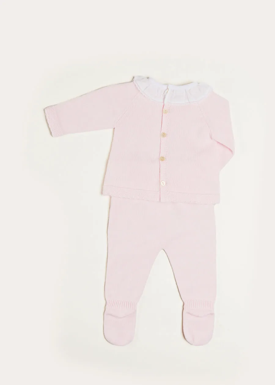 Pink Knitted Set with Lace Trim Ruffle Collar for Babies 1-6 Months