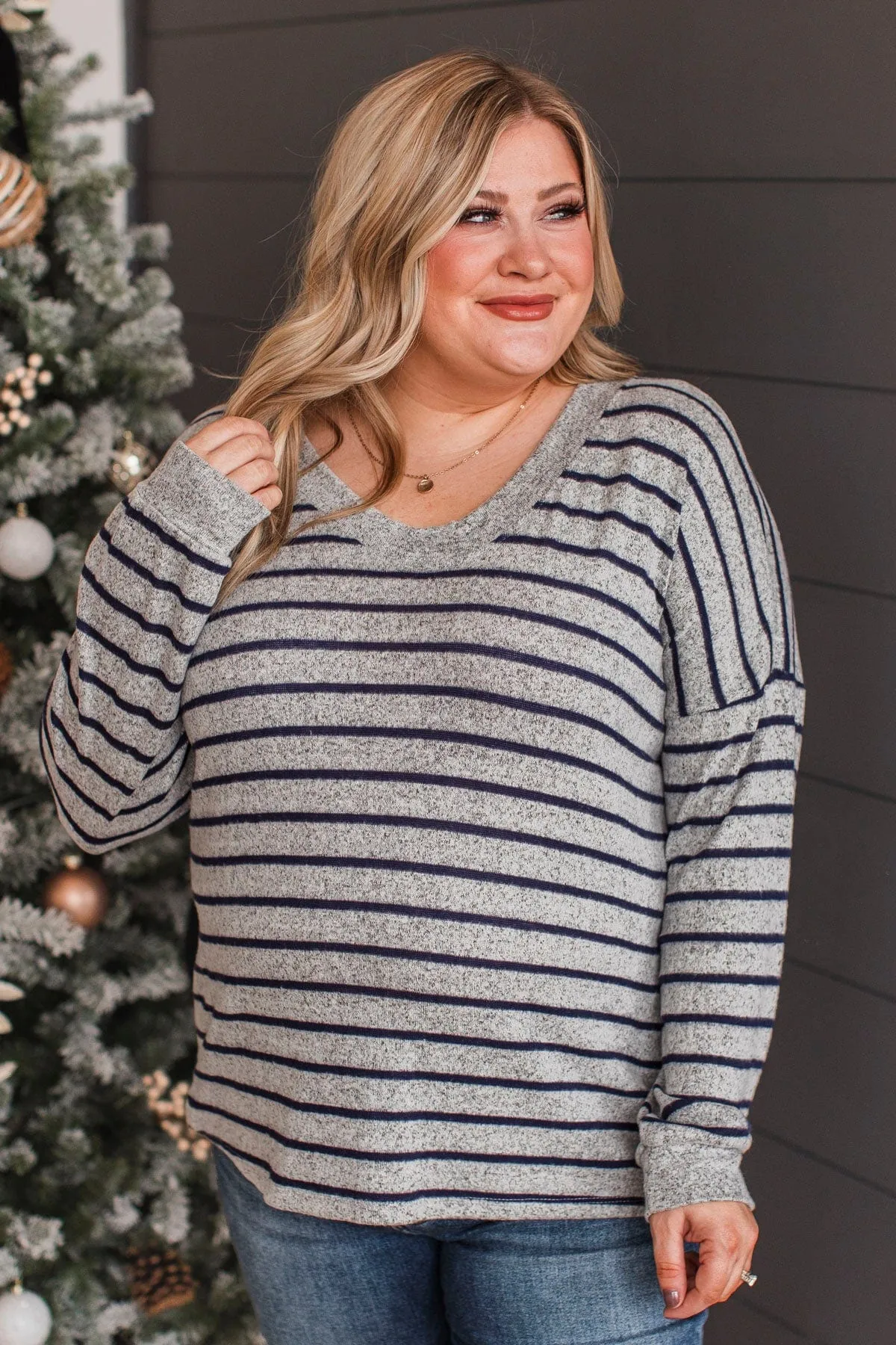 Heather Grey & Navy Striped Knit Top for a Stylish Look Within