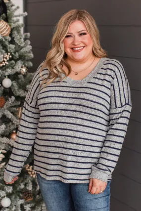 Heather Grey & Navy Striped Knit Top for a Stylish Look Within