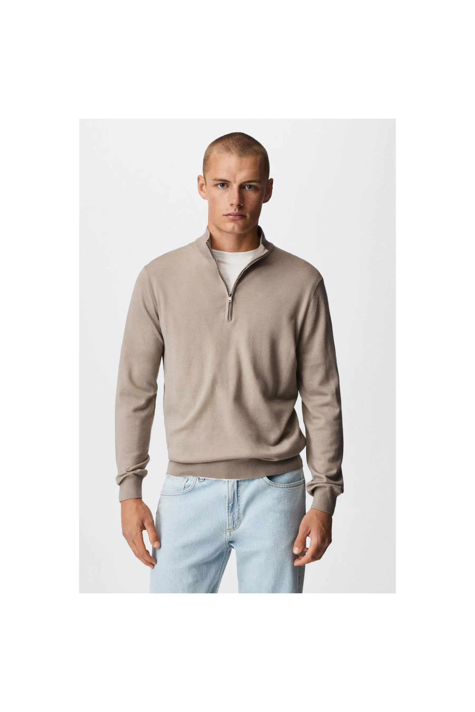 MANGO Men's Sand Wool Zip Neck Jumper - Jumpers