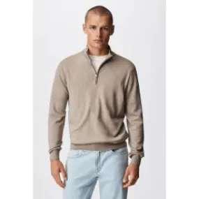 MANGO Men's Sand Wool Zip Neck Jumper - Jumpers