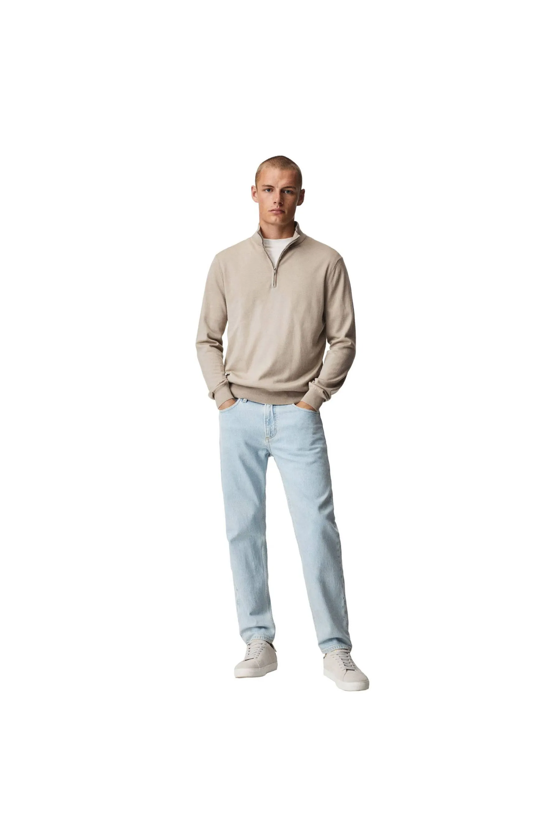 MANGO Men's Sand Wool Zip Neck Jumper - Jumpers