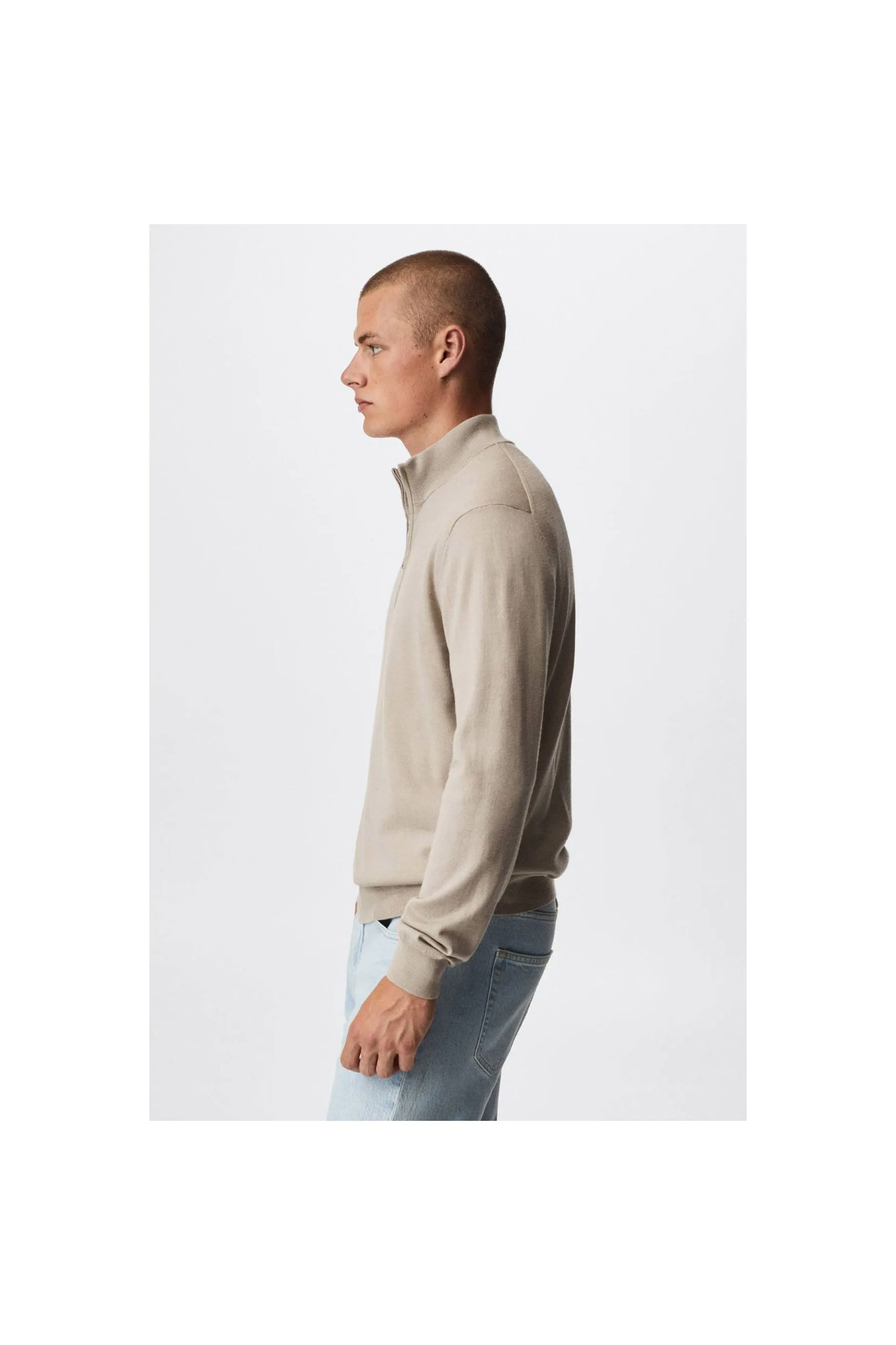 MANGO Men's Sand Wool Zip Neck Jumper - Jumpers