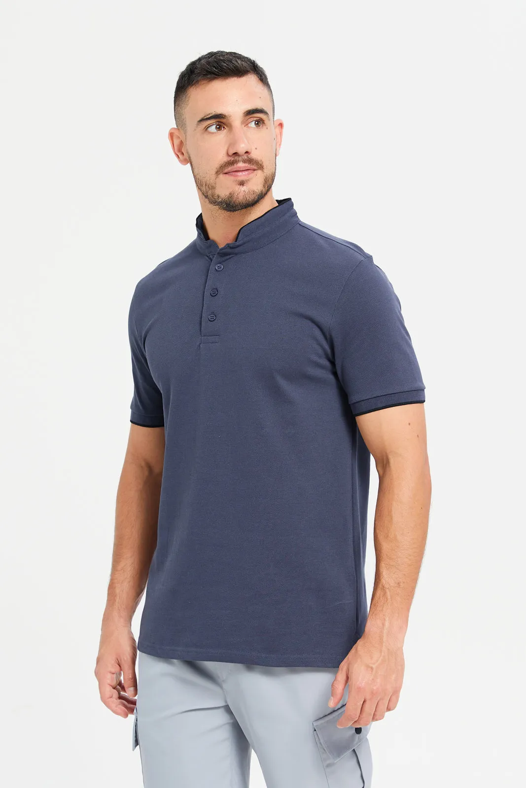 Men Charcoal Plain Standup Color Polo Shirt