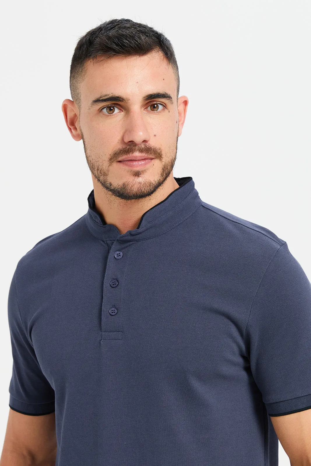 Men Charcoal Plain Standup Color Polo Shirt