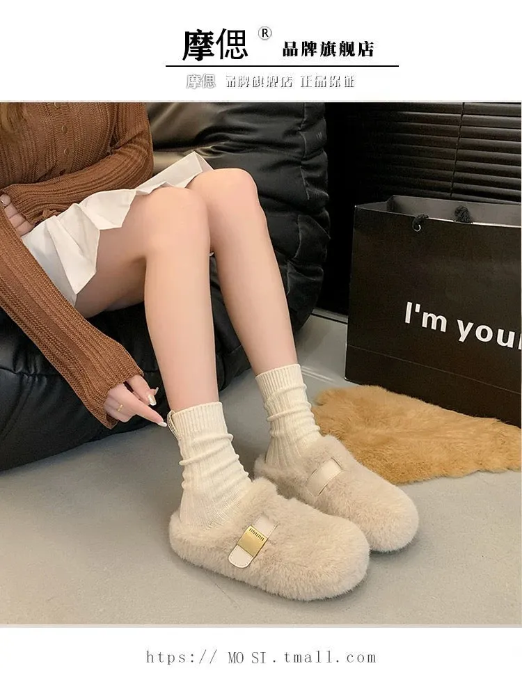 Mink fur thick-soled heightening fur slippers for women's outer wear 2024 new autumn and winter high-end plush toe cotton slippe