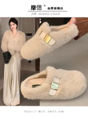 Mink fur thick-soled heightening fur slippers for women's outer wear 2024 new autumn and winter high-end plush toe cotton slippe