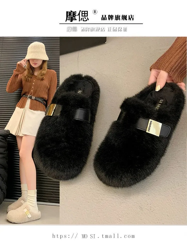 Mink fur thick-soled heightening fur slippers for women's outer wear 2024 new autumn and winter high-end plush toe cotton slippe