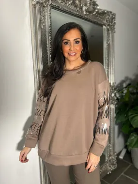 Mocha Graphic Sleeve Sweater Danni