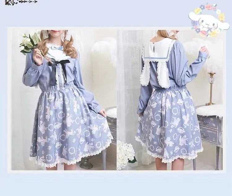 Cinnamoroll collared navy dress with rabbit ears and melody theme.