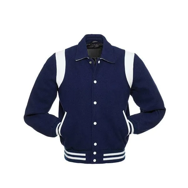 Navy  Blue Wool Varsity Jacket With white Shoulder Inserts