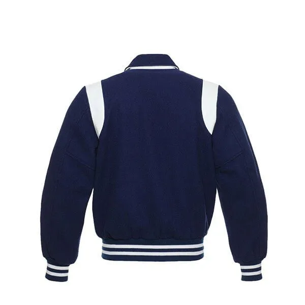 Navy  Blue Wool Varsity Jacket With white Shoulder Inserts