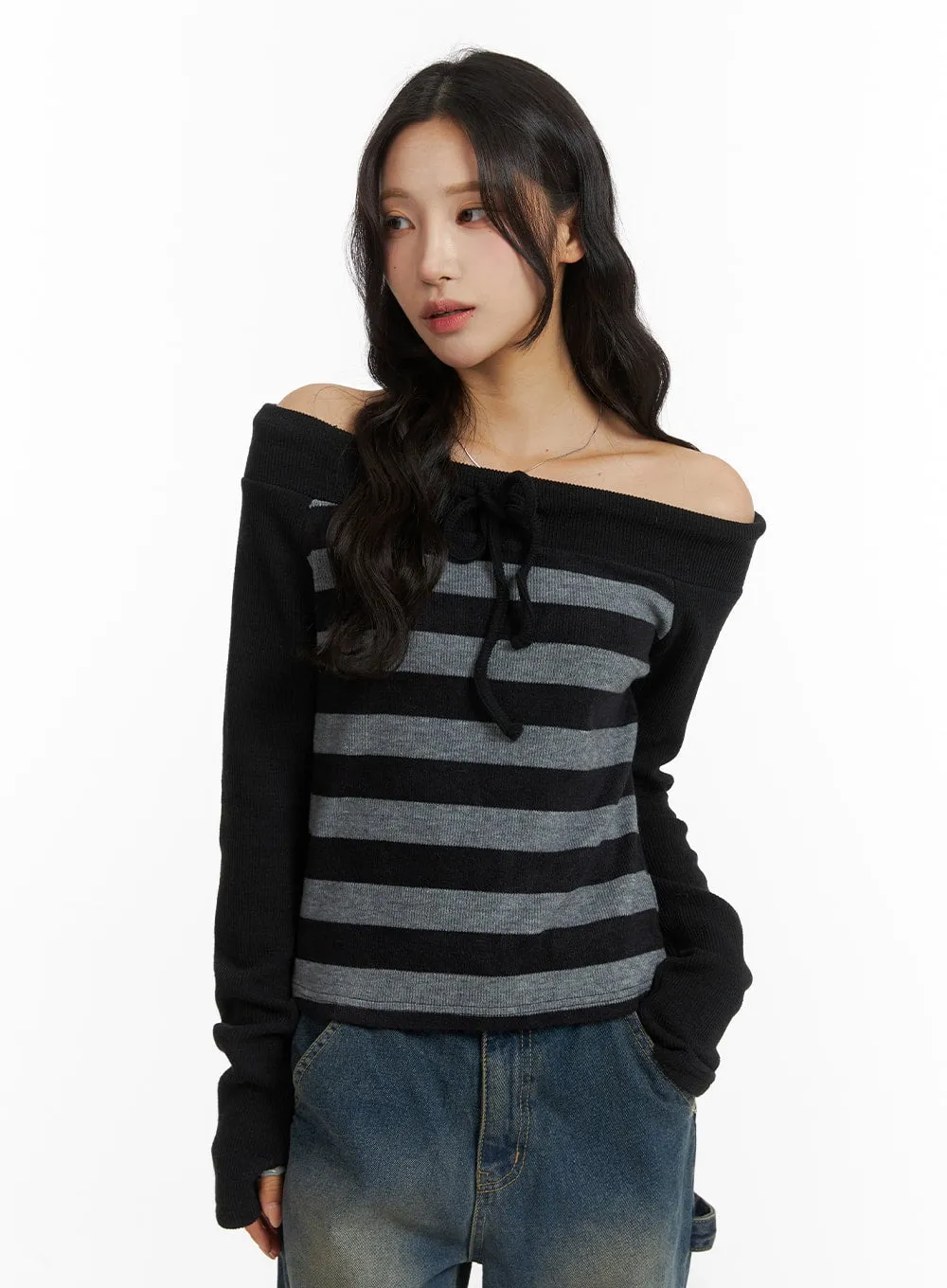 Off-Shoulder Striped Bowknot Top