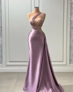 Purple Illusion Beaded Prom Dress with One Shoulder and Sweep Train