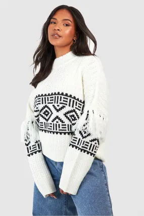 Plus Size Aztec Trim Sleeve Jumper | Shop Jumpers & Cardigans Online - boohoo