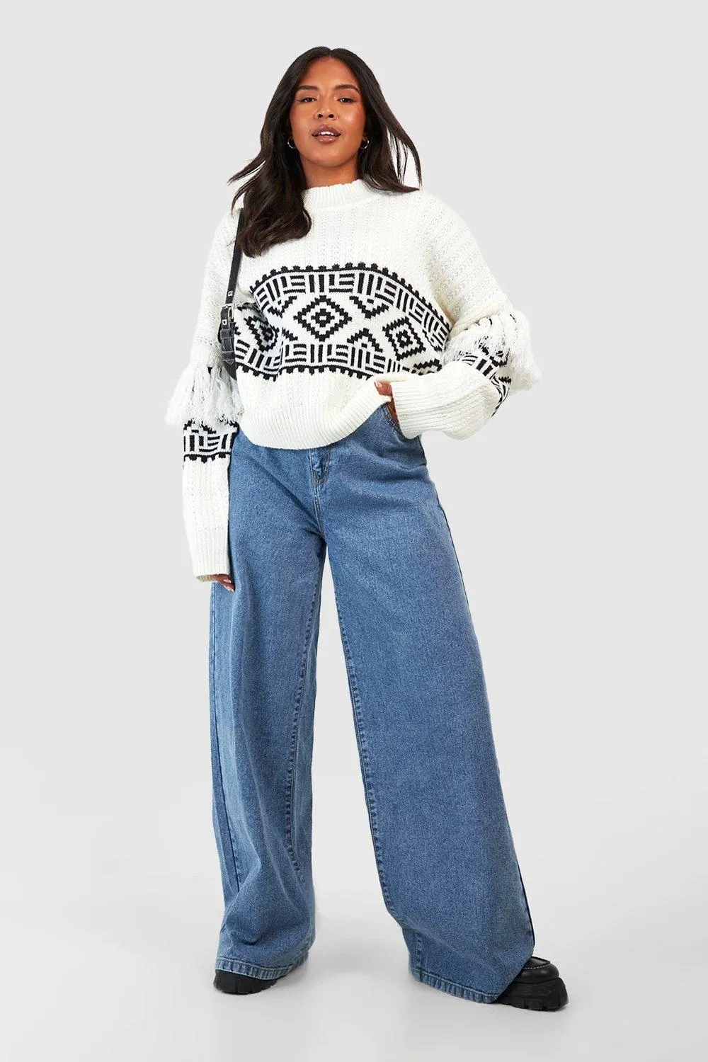 Plus Size Aztec Trim Sleeve Jumper | Shop Jumpers & Cardigans Online - boohoo