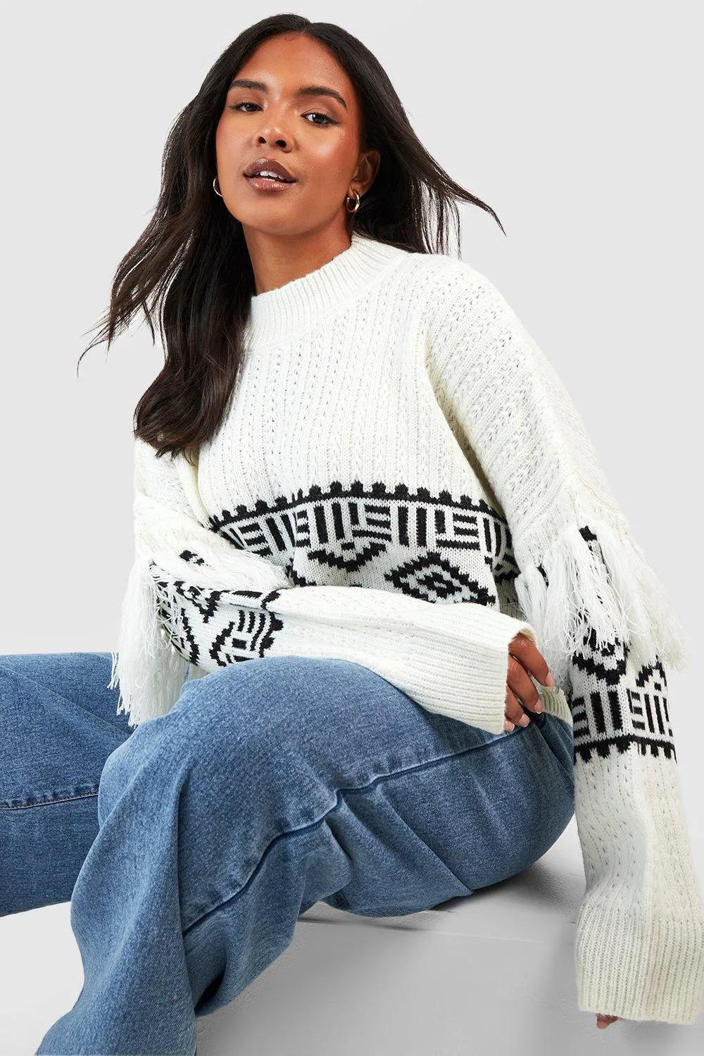 Plus Size Aztec Trim Sleeve Jumper | Shop Jumpers & Cardigans Online - boohoo