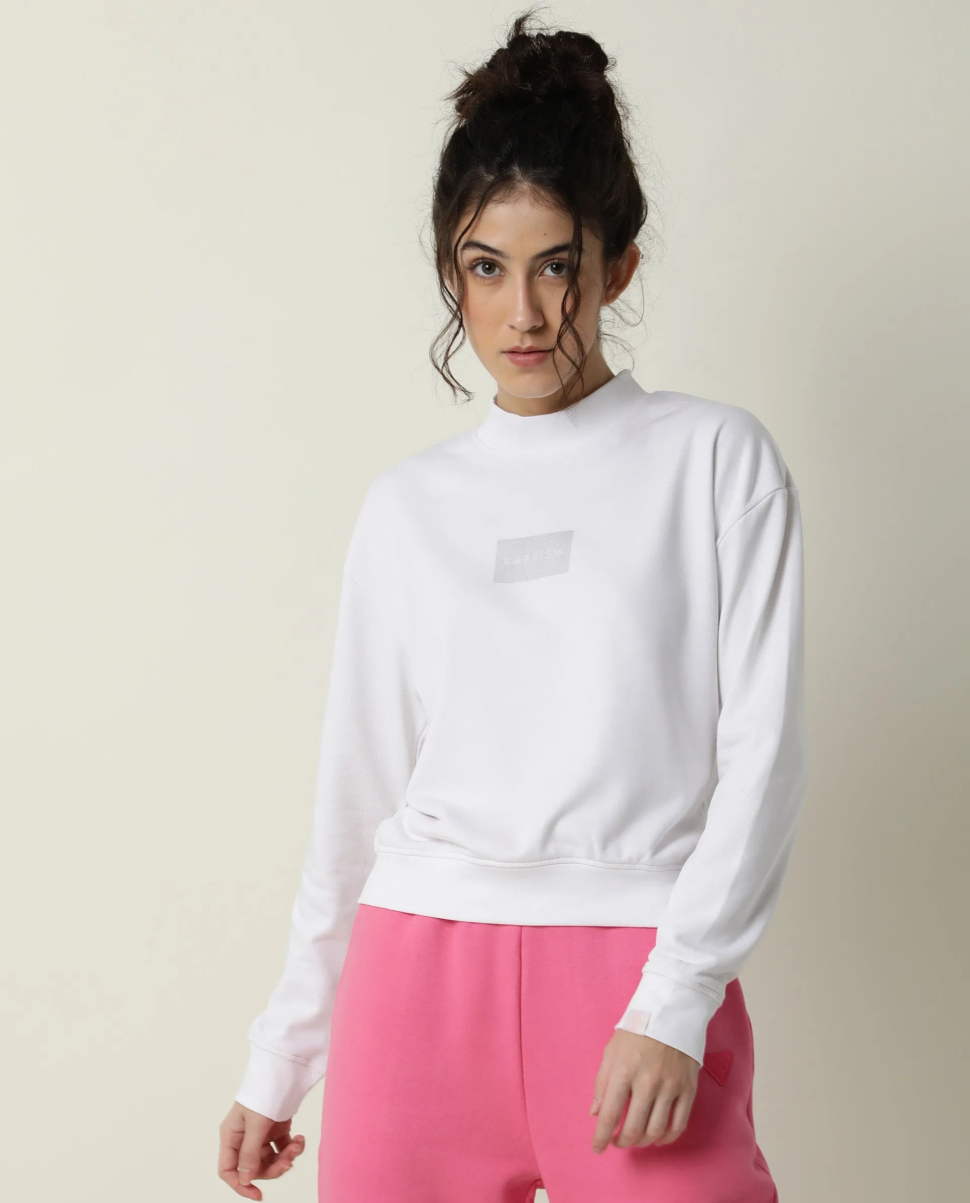 Rareism Women Hectare White Cotton Poly Fabric Relaxed Fit Full Sleeves Solid High Neck Sweatshirt