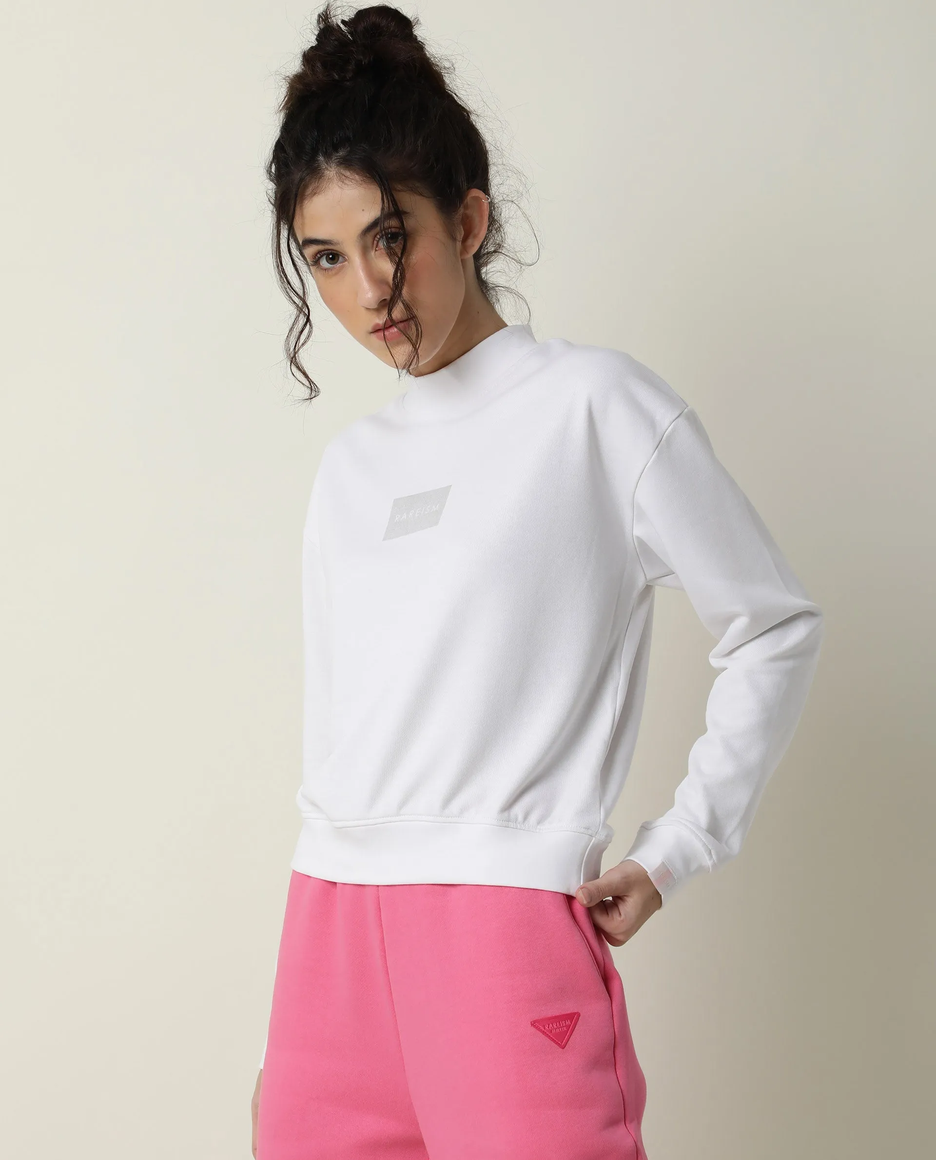 Rareism Women Hectare White Cotton Poly Fabric Relaxed Fit Full Sleeves Solid High Neck Sweatshirt