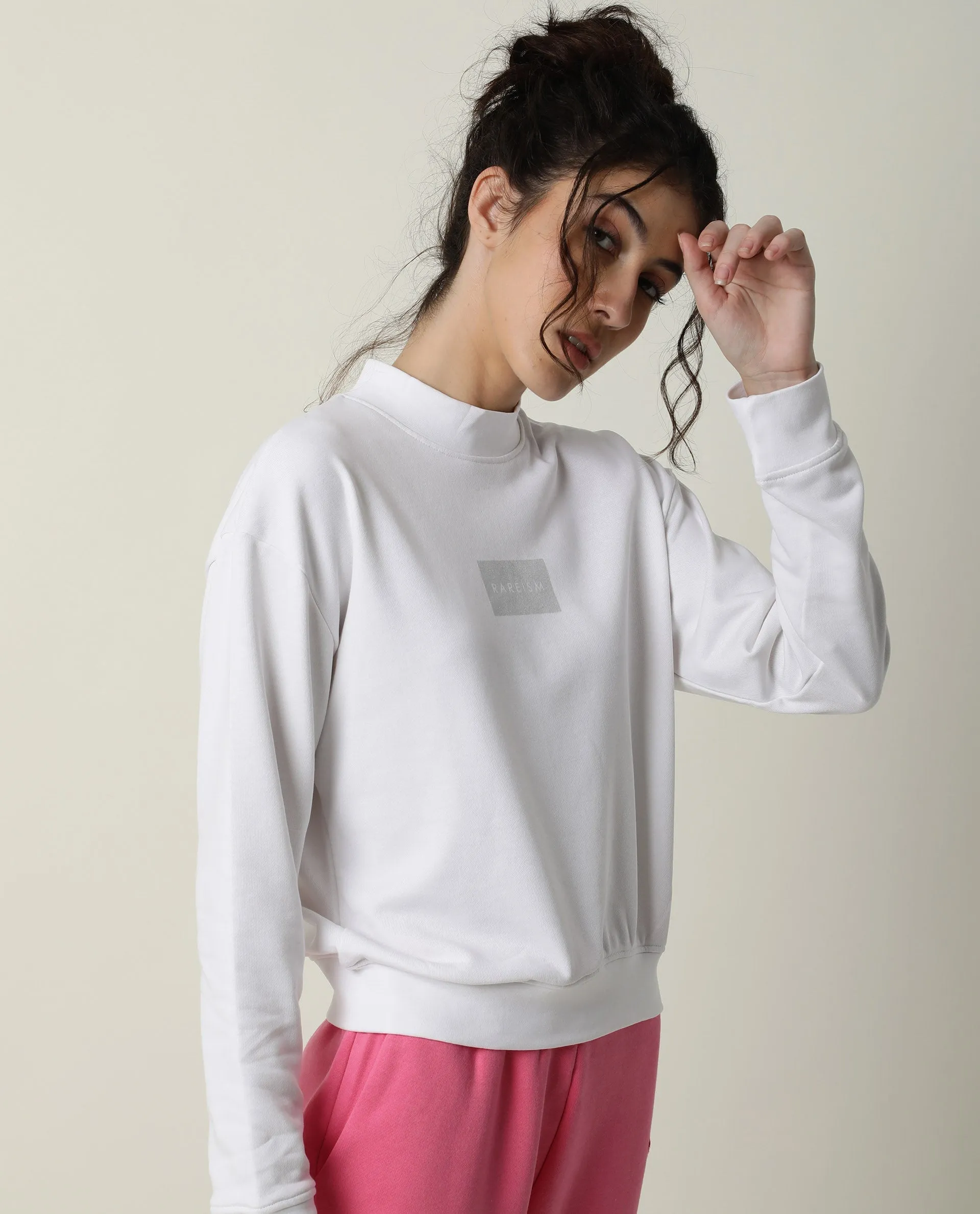 Rareism Women Hectare White Cotton Poly Fabric Relaxed Fit Full Sleeves Solid High Neck Sweatshirt