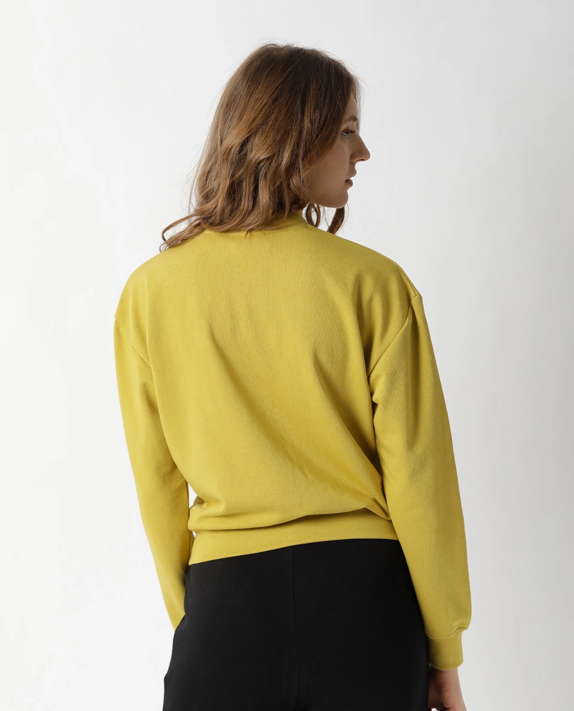 Rareism Women Hectare Yellow Cotton Poly Fabric Relaxed Fit Full Sleeves Solid High Neck Sweatshirt