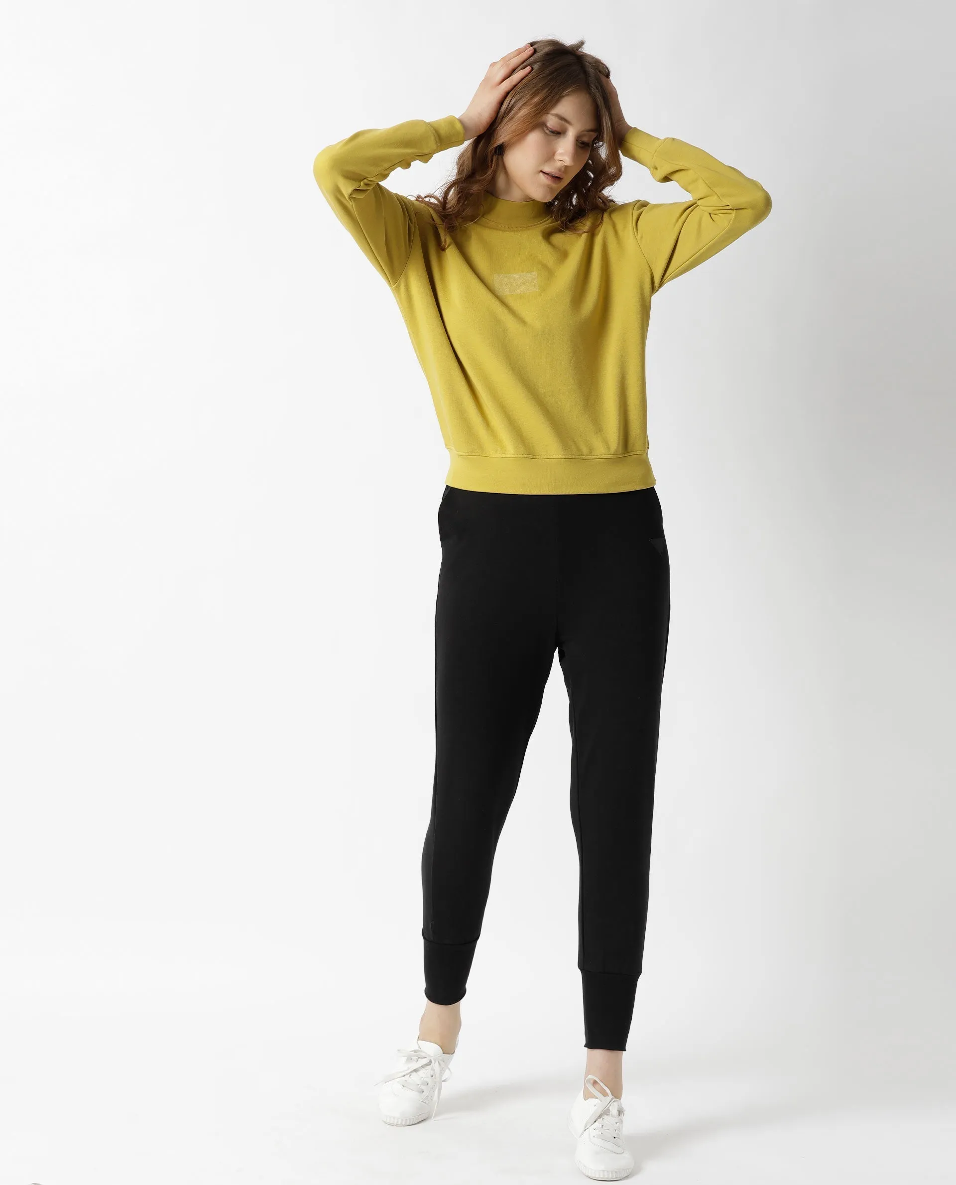 Rareism Women Hectare Yellow Cotton Poly Fabric Relaxed Fit Full Sleeves Solid High Neck Sweatshirt